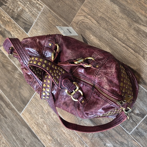 Steven Steve Madden Oversized Studded Leather Satchel Crossbody Bag in Rasberry - Picture 9 of 16